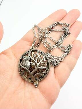 Vintage Owl Tree Aromatherapy Locket Pendant Necklace Silver Tone